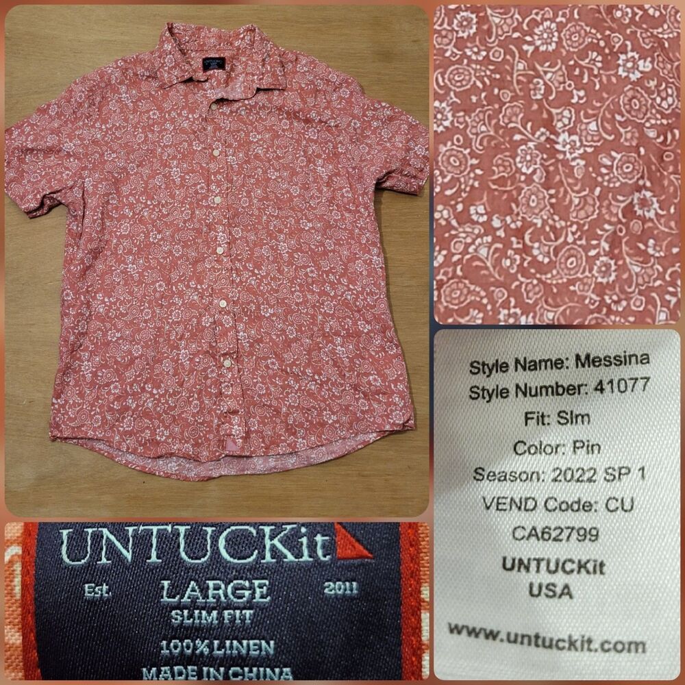 UNTUCKit Messina Slim Fit Large Men's Short Sleeve 100% Linen Red Floral Shirt